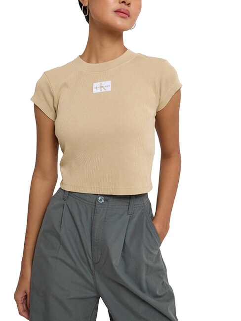 CALVIN KLEIN CK JEANS Short-sleeved cropped T-shirt pale khaki - T-shirt