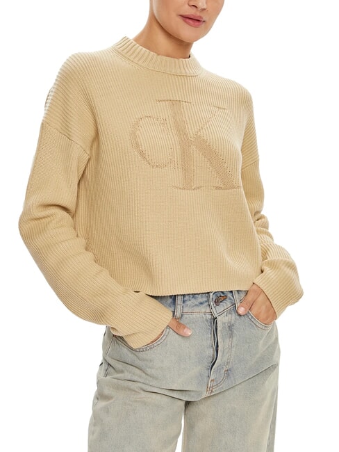 CALVIN KLEIN CK JEANS Crew neck sweater with logo pale khaki - Women's Sweaters