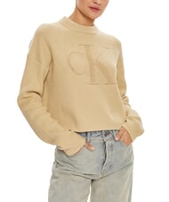 CALVIN KLEIN CK JEANS Crew neck sweater with logo pale khaki - Women's Sweaters - 1