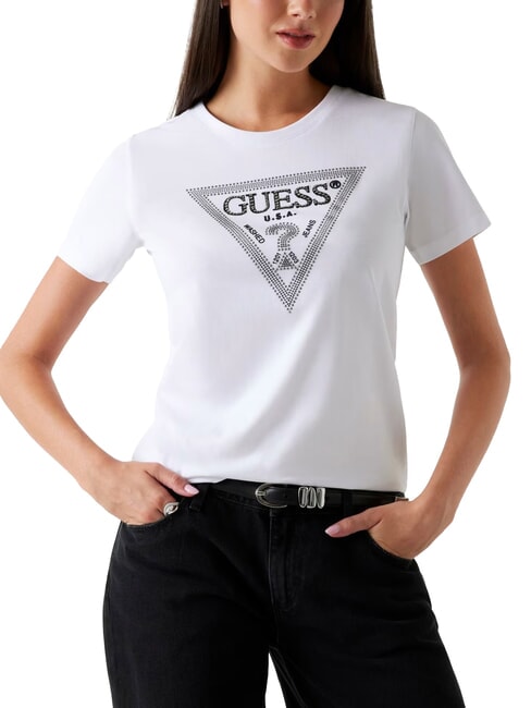 GUESS SS CN KRYSTAL TRIANGLE Short-sleeved T-shirt with studs and rhinestones purwhite - T-shirt
