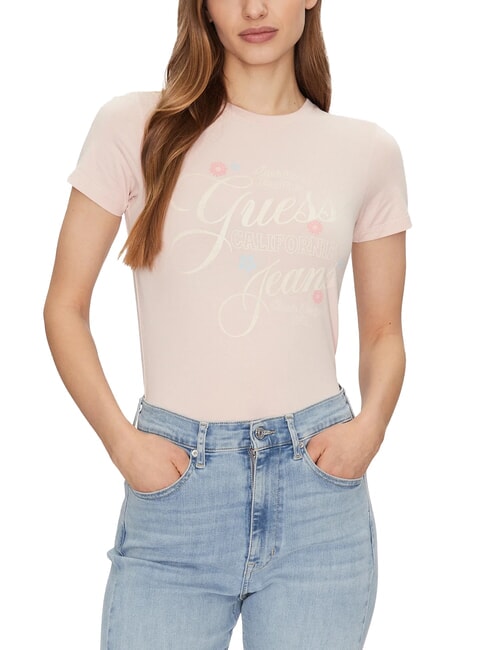 GUESS JEANS FLOWER Slim fit short-sleeved T-shirt blush cotton - T-shirt