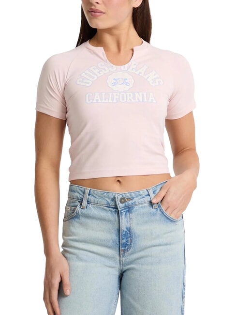 GUESS JEANS LOGO CALIFORNIA Short sleeve stretch cropped t-shirt blush cotton - T-shirt
