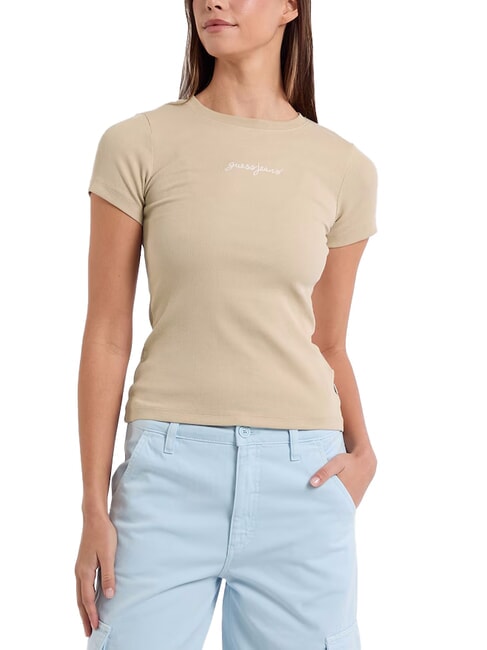 GUESS JEANS EMBRO SLIM Ribbed short-sleeved T-shirt safari tan - T-shirt