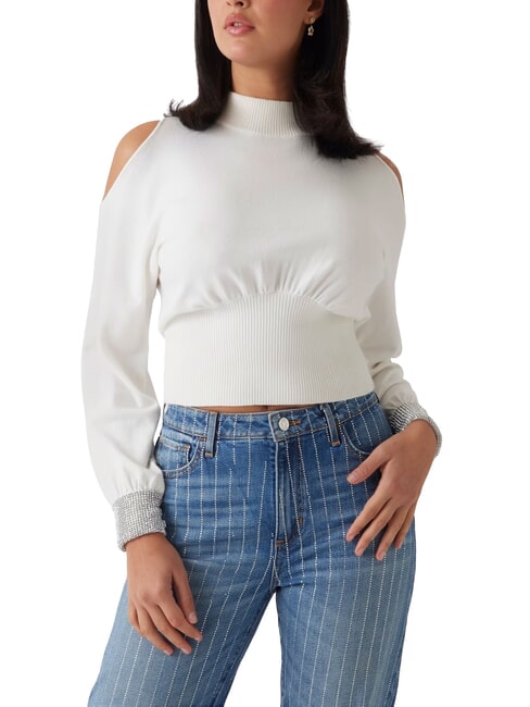 GUESS BLING Turtleneck sweater with cut-out rhinestone cuffs dovwhi - Women's Sweaters