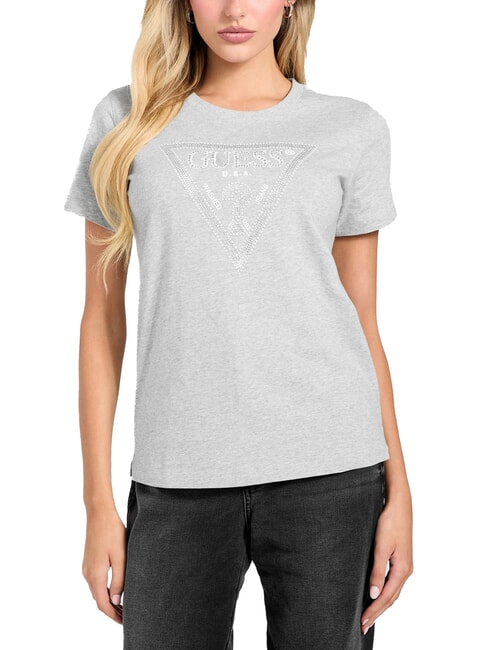 GUESS SS CN KRYSTAL TRIANGLE Short-sleeved T-shirt with studs and rhinestones light melange gray m - T-shirt