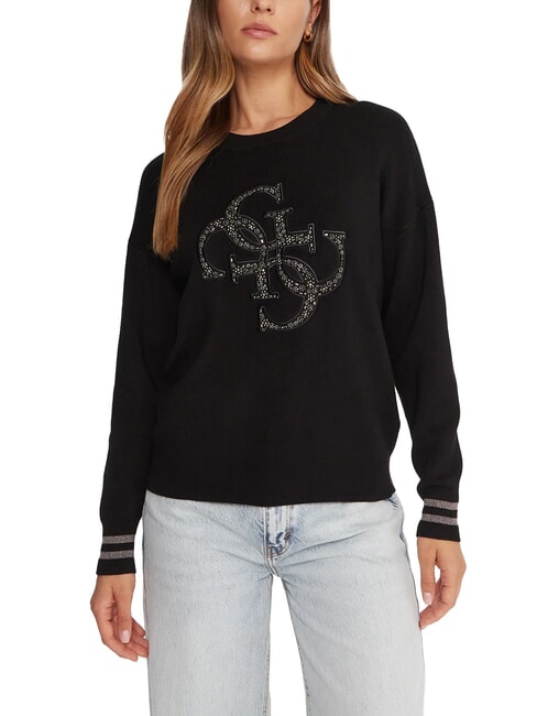 GUESS SILVIE LOGO Crew neck sweater with rhinestones jetbla - Women's Sweaters