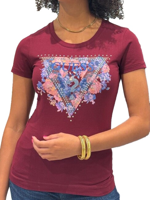 GUESS SS CN PEONY TRIANGLE Short-sleeved T-shirt with print wine - T-shirt