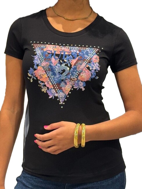 GUESS SS CN PEONY TRIANGLE Short-sleeved T-shirt with print jetbla - T-shirt