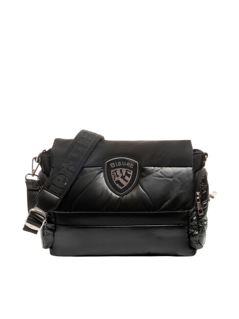 BLAUER PADDED NYLON Fluffy shoulder bag with rhinestone logo BLACK - Women’s Bags