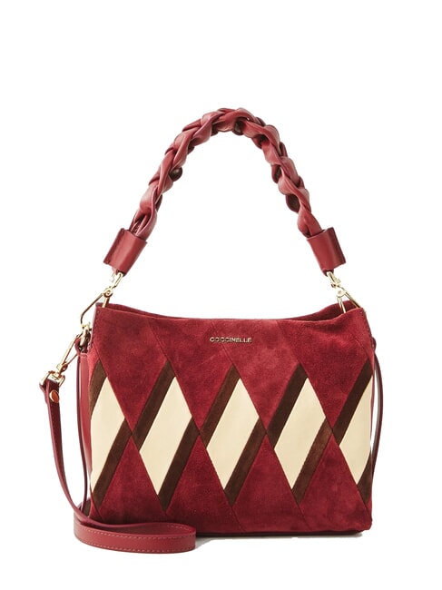 COCCINELLE BOHEME NEW GEOMETETRIC PATCH Suede leather handbag with shoulder strap mul.ribes/currants - Women’s Bags