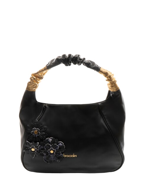 BRACCIALINI SARA Leather hobo shoulder bag with flowers black - Women’s Bags