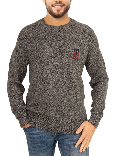 TOMMY HILFIGER TH Crew neck cotton sweater with logo embroidery black / medium grey htr - Men's Sweaters