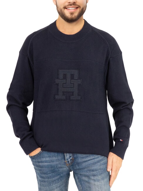 TOMMY HILFIGER TH Cotton crew neck sweater with logo desert sky/desert sky monogram - Men's Sweaters