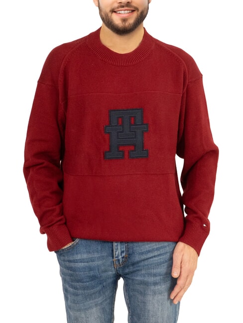TOMMY HILFIGER TH Cotton crew neck sweater with logo rouge/ desert sky mongram - Men's Sweaters