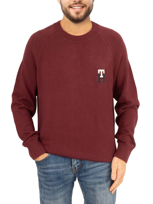 TOMMY HILFIGER TH Crew neck cotton sweater with logo embroidery deep red - Men's Sweaters