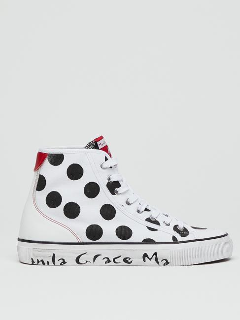 Sneaker high top a pois in canvas  White black - Women&rsquo;s shoes