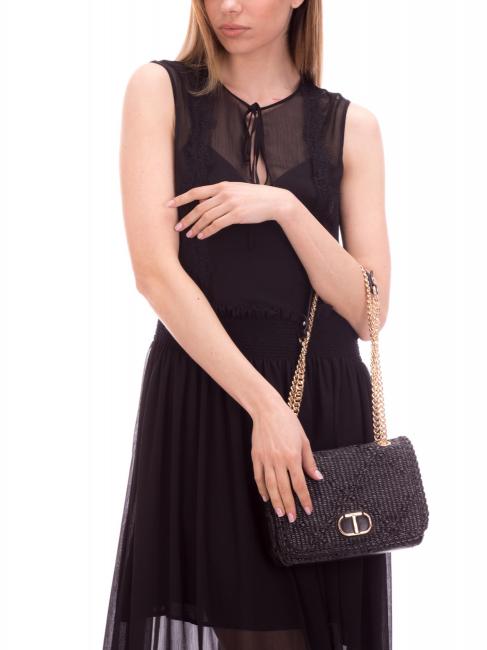 STRAW EMBROIDERY Small shoulder bag with flap black - Women&rsquo;s Bags