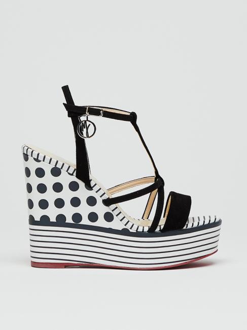 CAMPIONARIO Polka dot and striped wedge with leather bands White black - Women&rsquo;s shoes