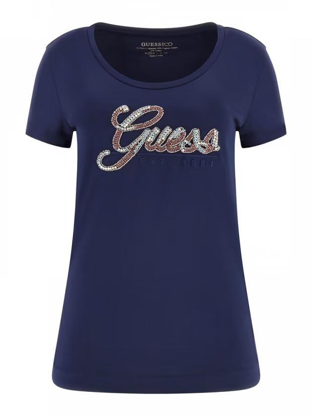Guess Script T Shirt With Glitter Writing Blackened Blue Buy At Outlet Prices