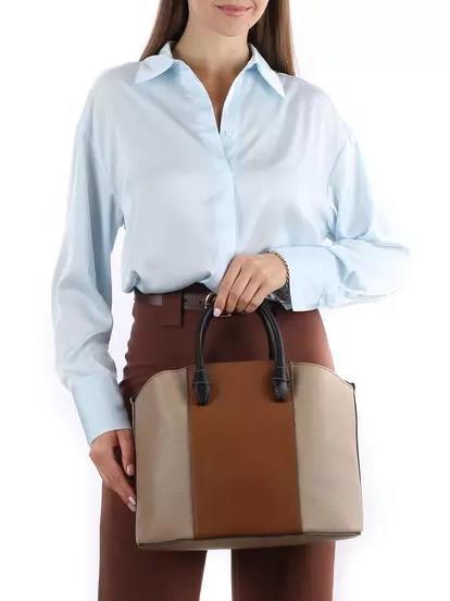 MIASTELLA Leather tote bag with shoulder strap greige+cognac h+black - Women’s Bags