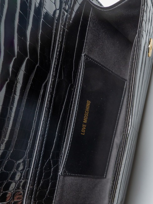 SHINY CROCO Slim clutch with metal shoulder strap Black - Women’s Bags