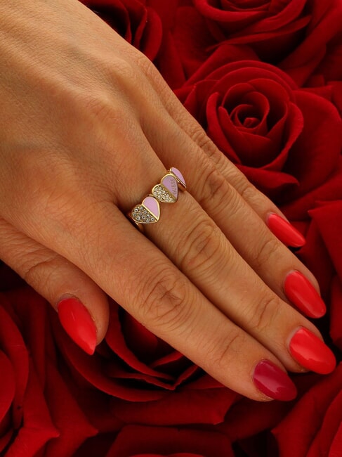LOVELY Ring with enameled hearts and zircons yellow gold/lilac - Rings