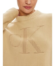 CALVIN KLEIN CK JEANS Crew neck sweater with logo pale khaki - Women's Sweaters - 3