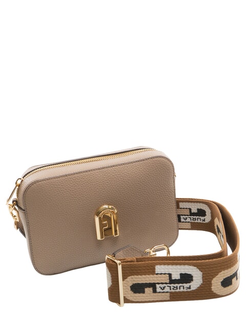 GARDENIA Camera case bag in keria print leather taupe + cognac tones - Women&rsquo;s Bags