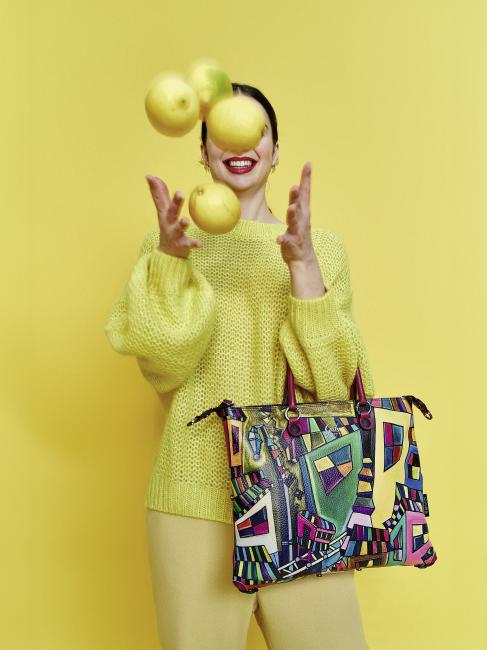 G3 PLUS MEDIUM MULTICOLOR Transformable flat shopping bag geometric mural - Women’s Bags