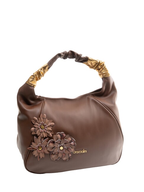 SARA Leather hobo shoulder bag with flowers brown - Women’s Bags
