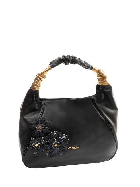 SARA Leather hobo shoulder bag with flowers black - Women’s Bags