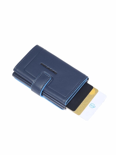 ATLAS Automatic card holder in metal and leather blue - Men’s Wallets