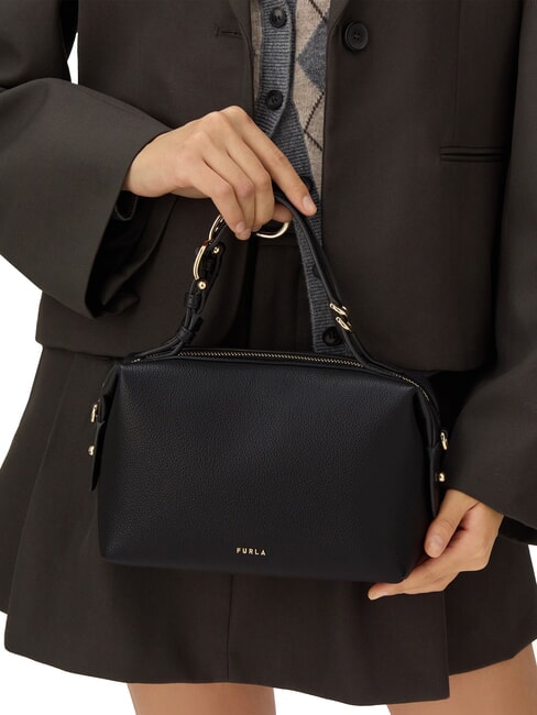 DOUBLE Leather satchel bag with shoulder strap Black - Women’s Bags