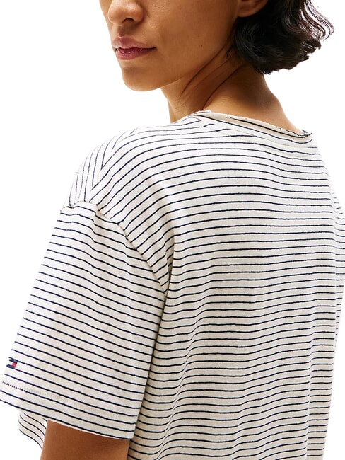 TH Relaxed fit T-shirt with V-neck cream/dark blue stp - T-shirt