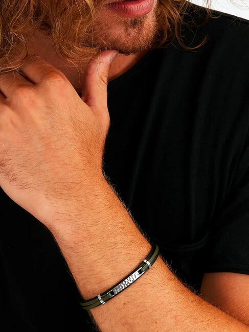 BANDY Men's leather and steel bracelet green - Men's Bracelets