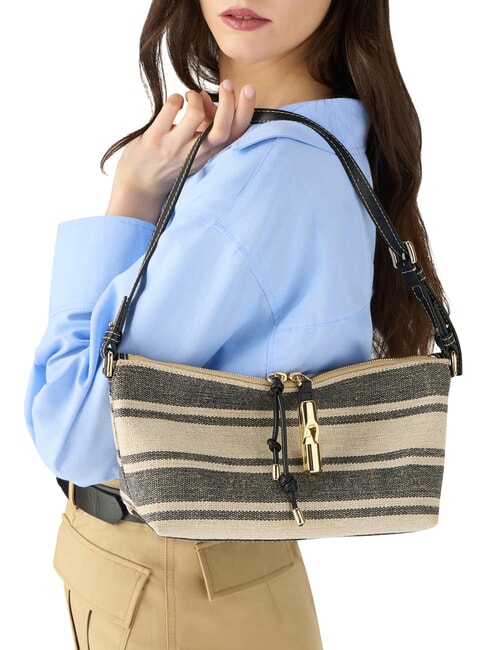 DEBBY Shoulder bag, leather and linen indigo tones - Women&rsquo;s Bags