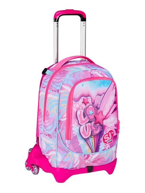 PLUSHY RABBIT 3-wheel trolley backpack, removable pink doll - Backpack trolleys