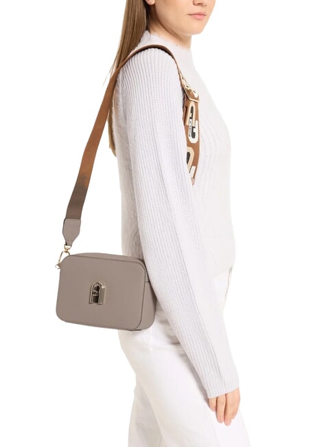 GARDENIA Camera case bag in keria print leather taupe + cognac tones - Women&rsquo;s Bags