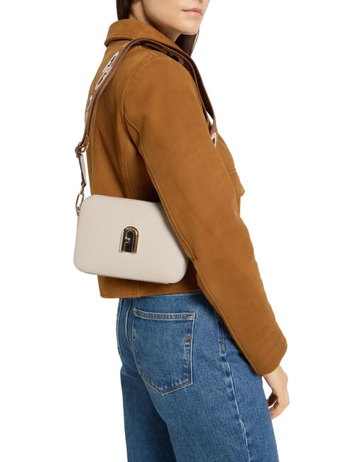 GARDENIA Camera case bag in keria print leather pearl and cognac tones - Women&rsquo;s Bags